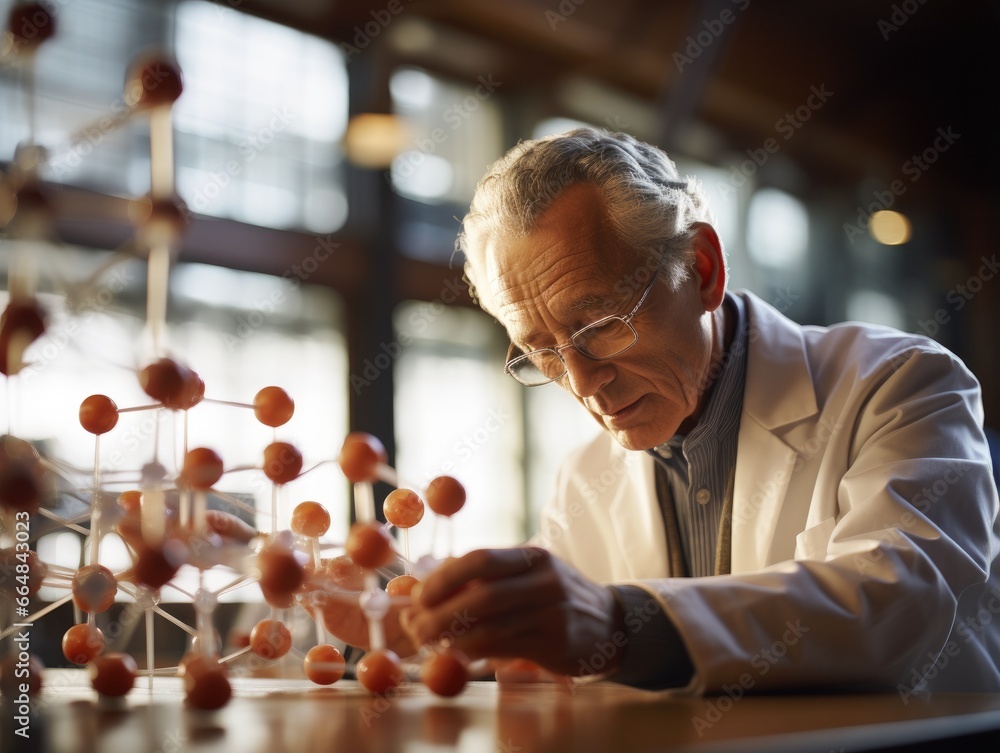 Poster a man in a lab coat looking at a model of a molecule. generative ai.
