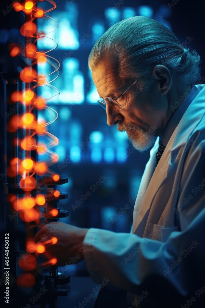 Poster a man in a lab coat working on a machine. generative ai.