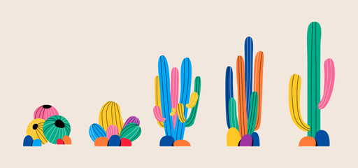 Set of various spiny desert plants or cactuses with thorns. Colorful vector illustration