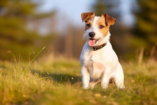 Happy jack russell terrier pet dog waiting, listening in the grass.