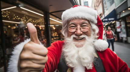 Asian santa thumbs-up selfie in city street. Christmas concept.