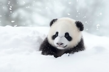 Cute Panda Baby Playing In Snowy Winter