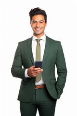 Man in suit holding cell phone and smiling.
