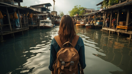 Fototapeta na wymiar Young female backpacker, travel lifestyle, world explorer or Asian summer travel concept.