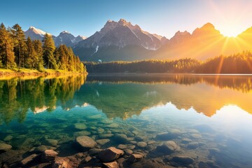 Fototapeta na wymiar Impressive summer sunrise on Eibsee Lake with Zugspitze mountain range.