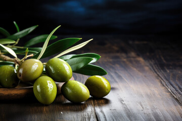 Fresh green olives on a wooden background close up - obrazy, fototapety, plakaty