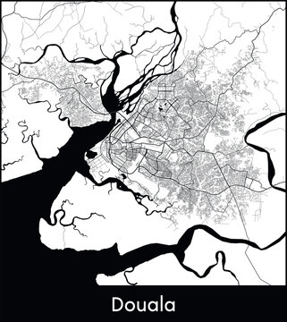 Douala Minimal City Map (Cameroon, Africa) black white vector illustration