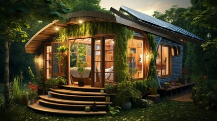 An eco-friendly tiny house, adorned with greenery and solar panels, harmonizing with the environment