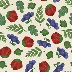 Wild red and purple flowers seamless pattern. Hand drawn textured flowers on light beige background.
Raster botanical ditsy allover illustration