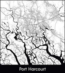 Port Harcourt Minimal City Map (Nigeria, Africa) black white vector illustration