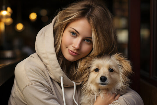 Attractive Woman Hugging Her Dog For A Portrait - Photo Shoot - Generative AI