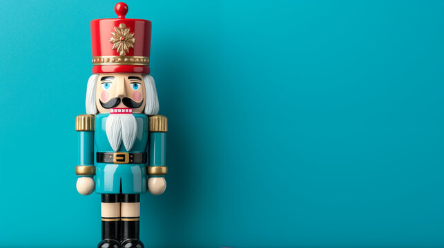 Minimalistischer Weihnachtshintergrund, blaugr&uuml;ne Nussknacker Figur mit roter M&uuml;tze isoliert auf blaugr&uuml;nem Hintergrund, mit Platz f&uuml;r Text, Karte