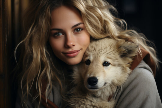 Attractive Woman Hugging Her Dog For A Portrait - Photo Shoot - Generative AI