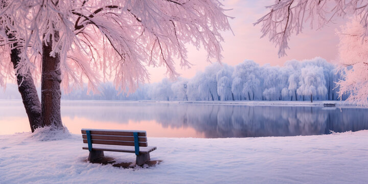 Beautiful nature landscape of snowy city park with trees, bench and frozen ice lake.