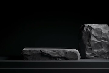Grey stone podium for packaging and cosmetic presentation on black background, with empty space. Generative AI