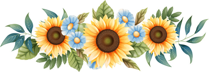 Floral arrangement of sunflowers and blue forget-me-nots on an isolated background. Bouquet of wild and agricultural flowers.