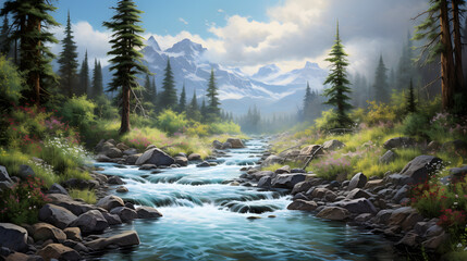 Frame the idyllic scene of a mountain stream meandering through pristine wilderness, inviting viewers to savor the peaceful melodies of nature. - obrazy, fototapety, plakaty