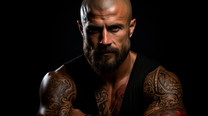 handsome bearded male with tattooed muscular body - obrazy, fototapety, plakaty
