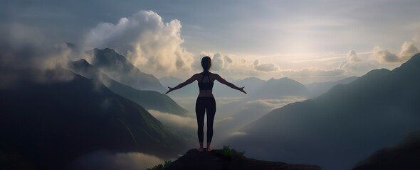 silhouette of a woman practicing yoga in the summit with mountain Background. - obrazy, fototapety, plakaty