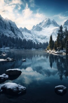 Snowy Landscape, Lake surrounded by mountains and a forest