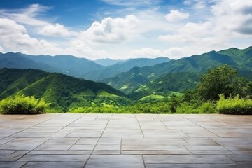 Square floor and green mountain nature landscape.