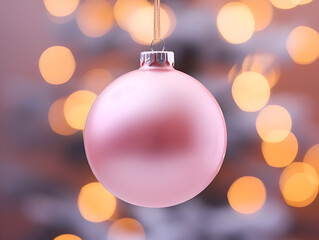 Close up of a pink mock up Christmas ornament hanging on a tree, blurred lights background	