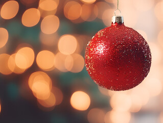 Close up of a red mock up Christmas ornament hanging on a tree, blurred lights background	