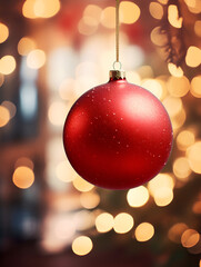 Close up of a red mock up Christmas ornament hanging on a tree, blurred lights background	