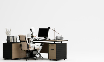 3D humanoid robot sitting at a work desk. Future concept without people with smart robotics replace humans with technology Artificial intelligence. On a white background. In 3D rendering.