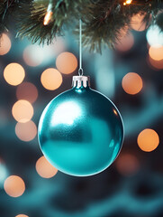 Close up of a turquoise mock up Christmas ornament hanging on a tree, blurred lights background	