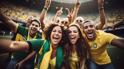 Verduisterende gordijnen Brazilië Group of sport fans on stadium cheering football match with flags national, Celebrating to the winner.