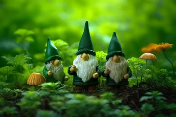 Fototapeten Toy Irish gnomes in a mystery forest, abstract green natural background. © MdKamrul