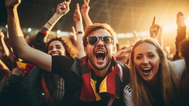 Group of sport fans on stadium cheering football match with flags national, Celebrating to the winner. - Powered by Adobe