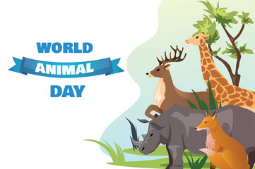 Banner concept animal day in flat cartoon design. Demonstration of the captivating world of wild animals with this detailed and vibrant illustration. Vector illustration.