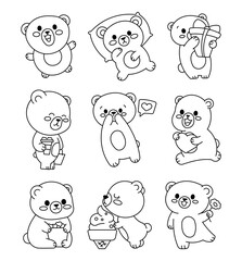 Cute kawaii bear different poses. Coloring Page. Emoji cartoon character. Hand drawn style. Vector drawing. Collection of design elements.