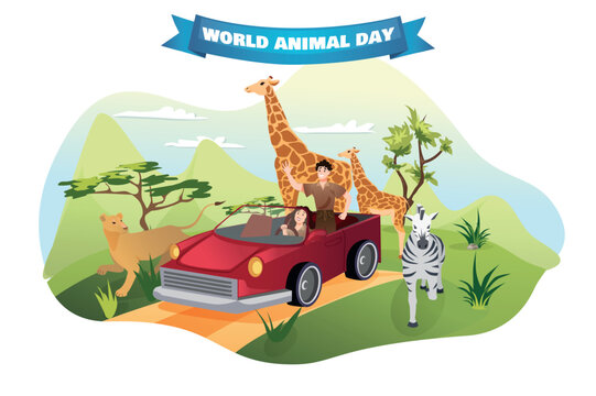 Banner concept animal day in flat cartoon style. A bold and eye-catching funny image proudly celebrates World Animal Day, drawing attention to the wonders of wildlife. Vector illustration.