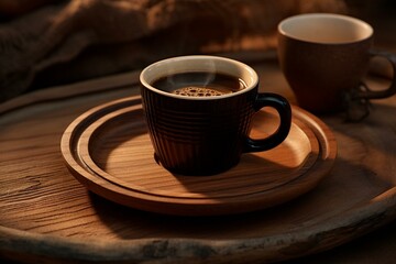Darkbrown espresso cup on wooden dish. Generative AI