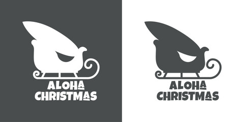 Tiempo de Navidad. Logo con mensaje Aloha Christmas en letras estilo hawaiano con silueta de tabla de surf en trineo de Santa para su uso en invitaciones y felicitaciones