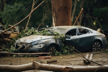 Fototapeta na wymiar Car Trapped Under Fallen Tree Poststorm. Сoncept Nature Conservation, Extreme Weather Events, Road Safety, Emergency Response, Disaster Preparedness