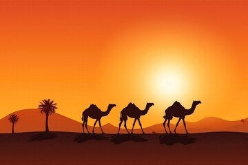 Fototapeta na wymiar Camels Silhouetted At Sunset In The Arabian Desert