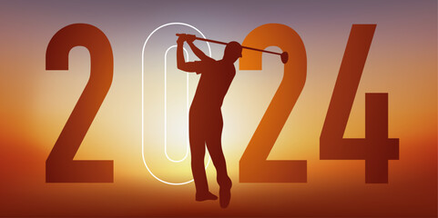 Concept du sport sur le thème du golf pour une carte de vœux 2024, montrant un golfeur faisant un swing. - 664850863