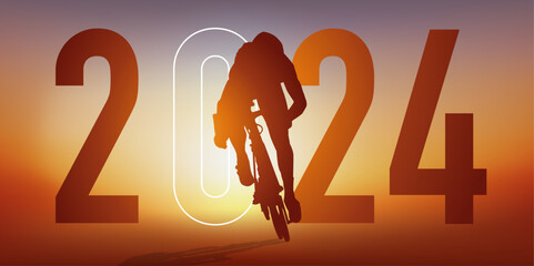 Concept du sport sur le thème du cyclisme pour une carte de vœux 2024, montrant un cycliste qui sprint pour passer la ligne d’arrivée. - 664850864