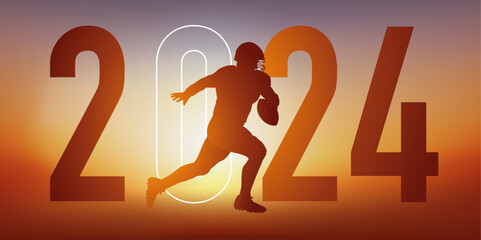 Concept du sport sur le thème du football américain pour une carte de vœux 2024, montrant un footballeur américain courant vers la ligne de but.
