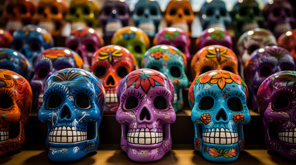 Capture the colorful and intricate Calacas and Calaveras, traditional sugar skulls and skeletons, emblematic of the Day of the Dead celebration.