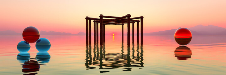 Surreal geometric structure floating over calm ocean at sunset.