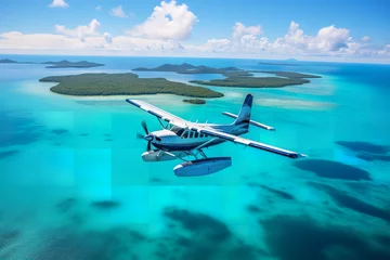 Gardinen Experience vastness from above, where a seaplane leaves gentle trails on a boundless blue ocean, with specks of islands appearing on the distant horizon. © Davivd