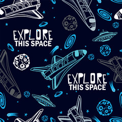 Hand drawn seamless space pattern with  space rockets, planets, stars. Space background