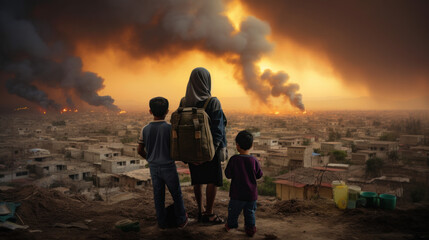 scène dramatique d'une famille de réfugiés qui fuit et regarde leur ville en guerre sous les bombardements - obrazy, fototapety, plakaty