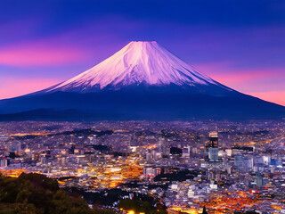 beautiful Mount Fuji and a city at night,