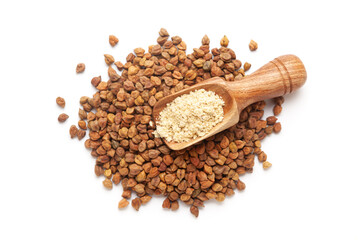 Top view of a wooden scoop filled with organic Chickpeas (Cicer arietinum) Flour Isolated on a...